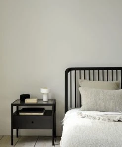 Spindle Bedside Table - / Solid Oak & Glass - 1 Drawer - Ethnicraft -made in design shop bedside table spindle black oak madeindesign 379331 product800